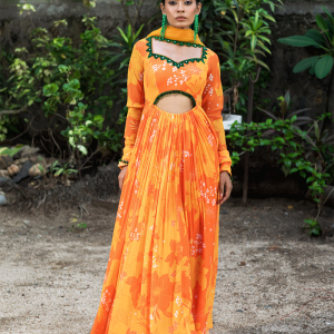 Yellow/Orange Printed cut-out Anarkali