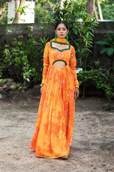 Yellow/Orange Printed cut-out Anarkali