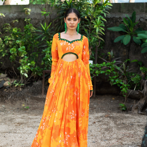 Yellow/Orange Printed cut-out Anarkali