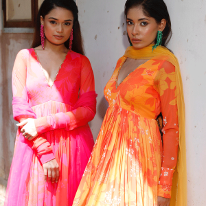 Yellow/Orange Printed Scallop Anarkali Set