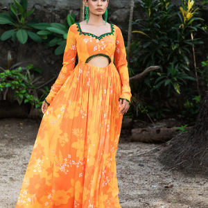 Yellow/Orange Printed cut-out Anarkali