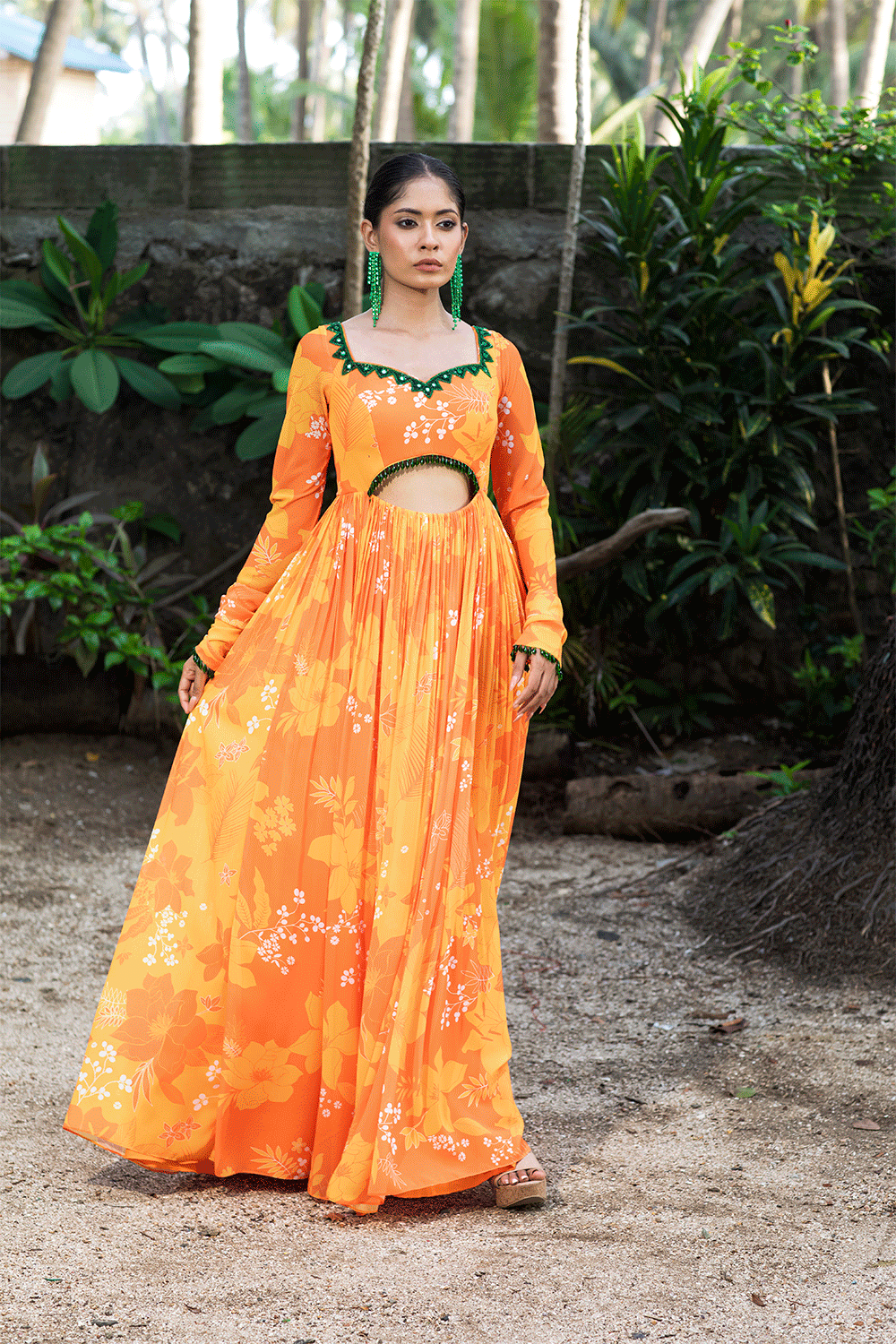 Yellow/Orange Printed cut-out Anarkali