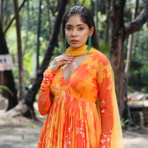 Yellow/Orange Printed Scallop Anarkali Set