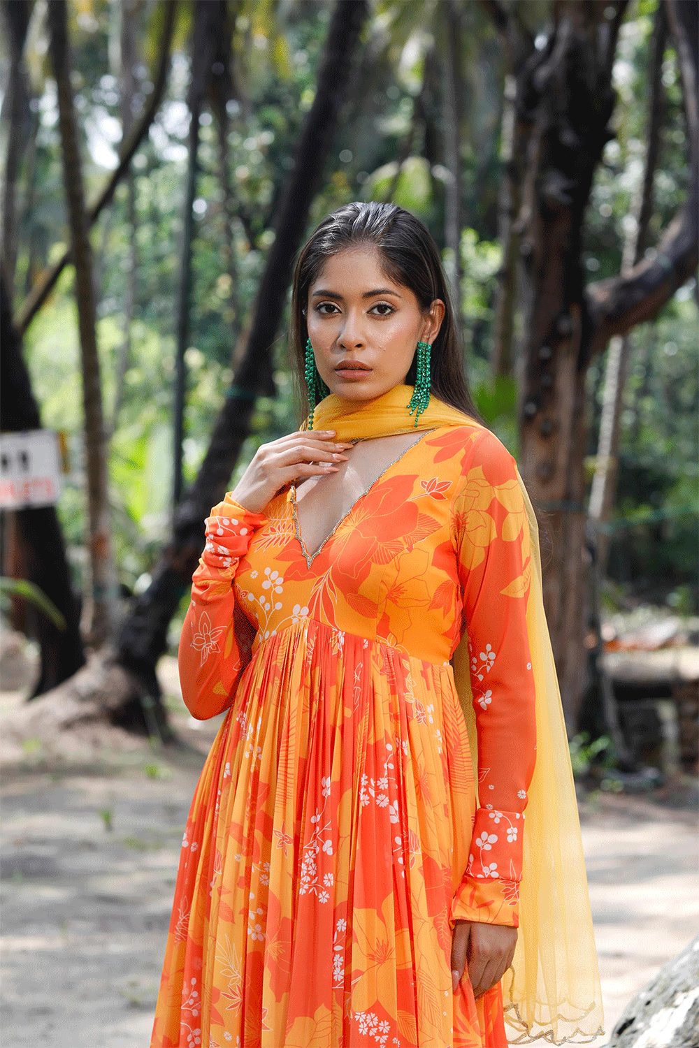 Yellow/Orange Printed Scallop Anarkali Set