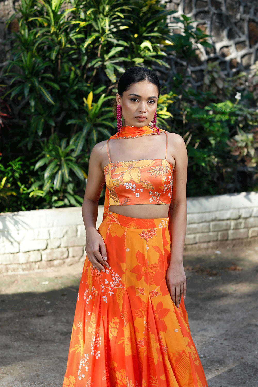 Yellow/Orange Printed High-Low Skirt Set