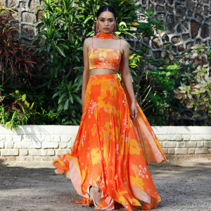 Yellow/Orange Printed High-Low Skirt Set