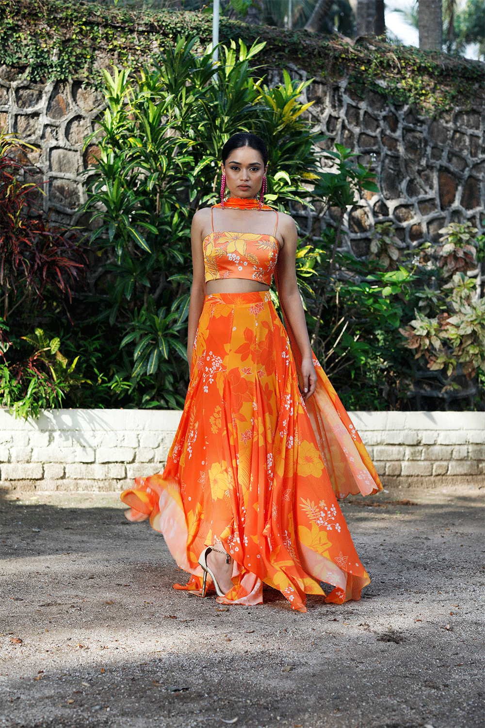 Yellow/Orange Printed High-Low Skirt Set