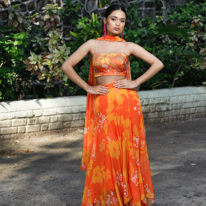 Yellow/Orange Printed High-Low Skirt Set