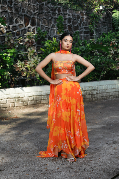 Yellow/Orange Printed High-Low Skirt Set