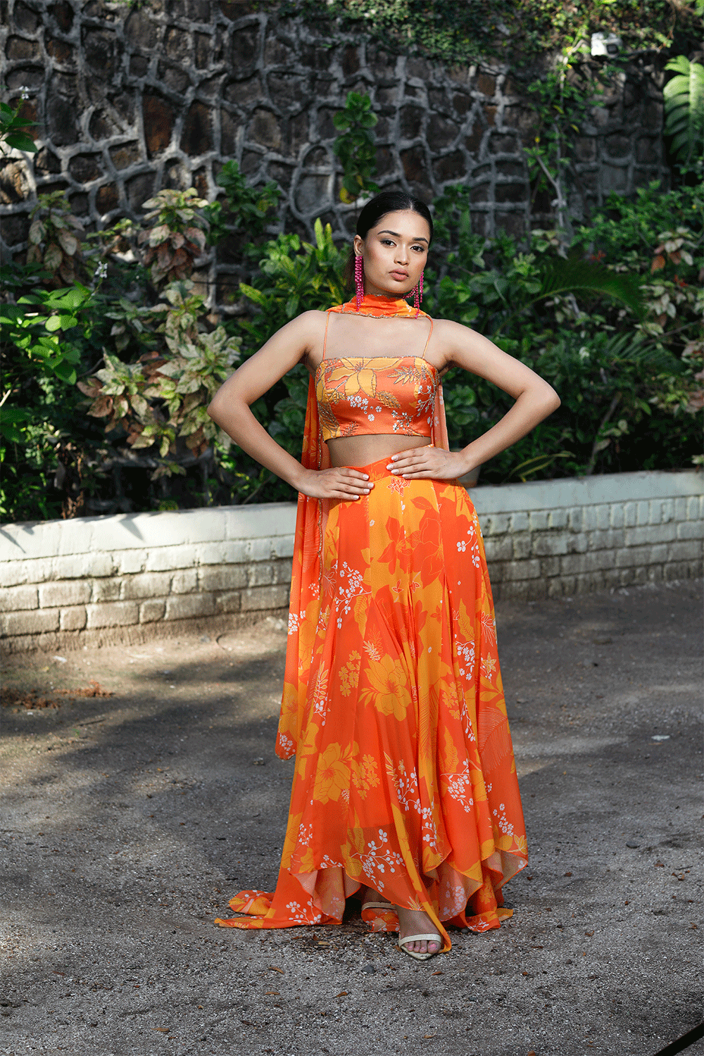 Yellow/Orange Printed High-Low Skirt Set