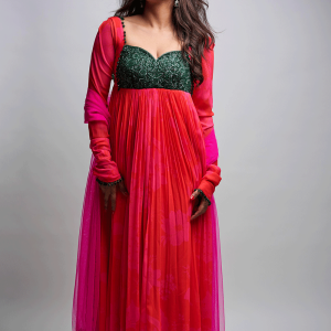 Hebah Patel In Pink/Red Printed Green Work Anarkali Set