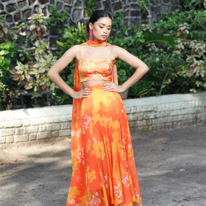 Yellow/Orange Printed High-Low Skirt Set