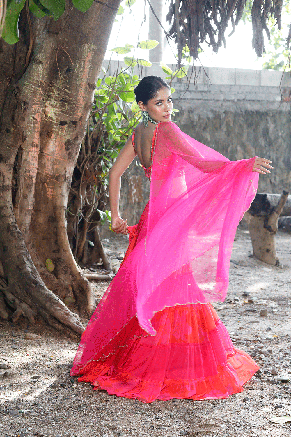 Pink/Red Printed Tiered Lehenga Set