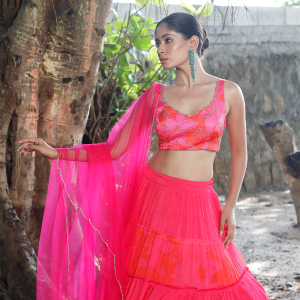 Pink/Red Printed Tiered Lehenga Set
