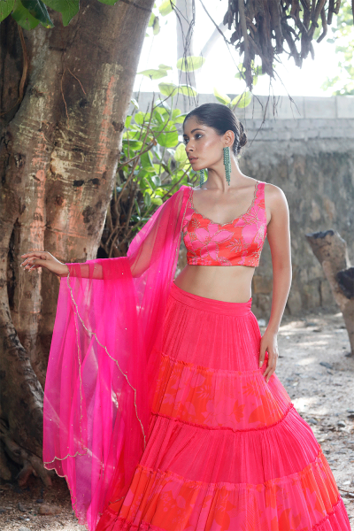 Pink/Red Printed Tiered Lehenga Set
