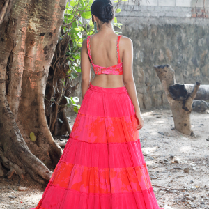 Pink/Red Printed Tiered Lehenga Set