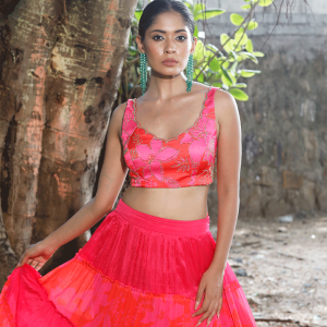 Pink/Red Printed Tiered Lehenga Set