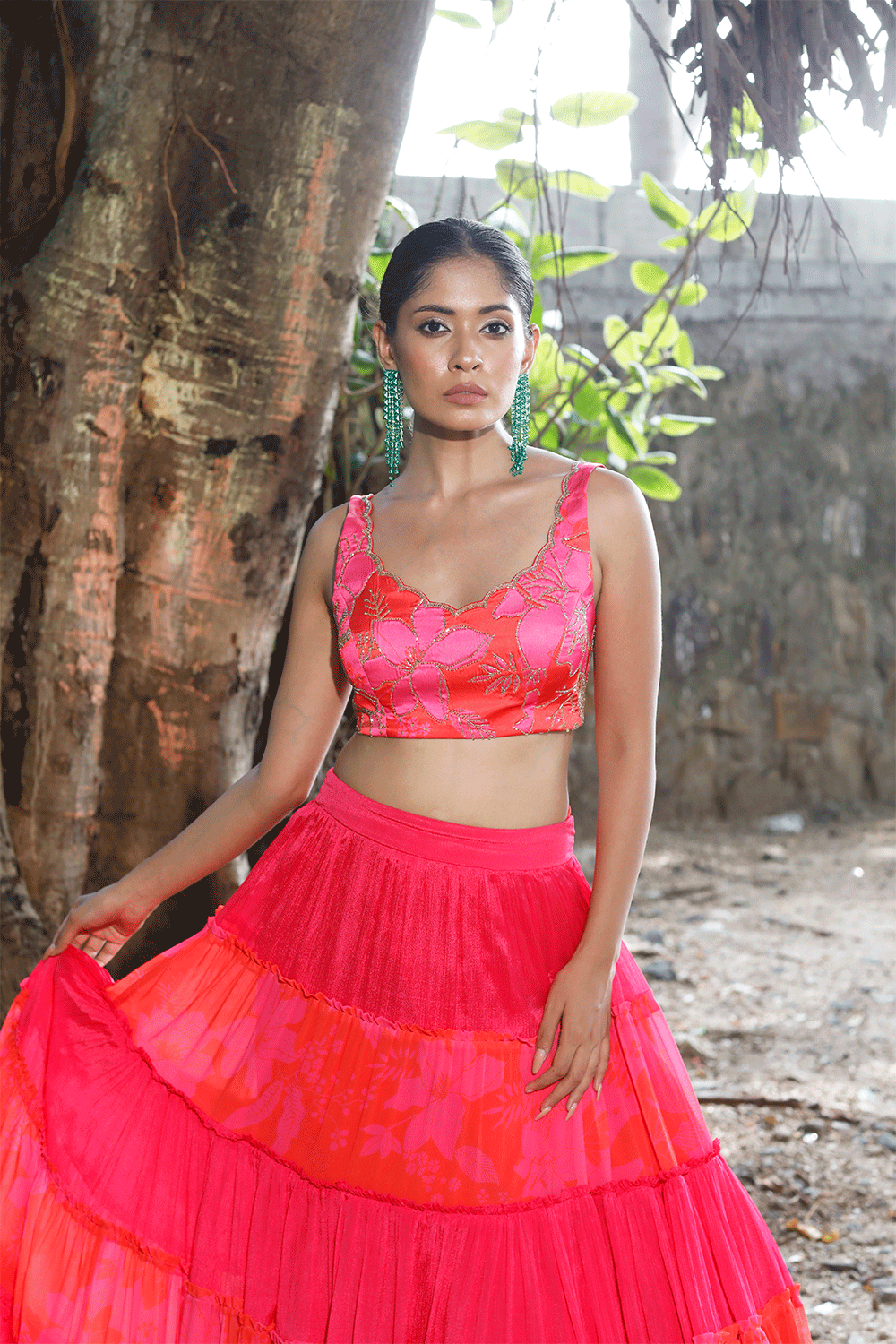 Pink/Red Printed Tiered Lehenga Set