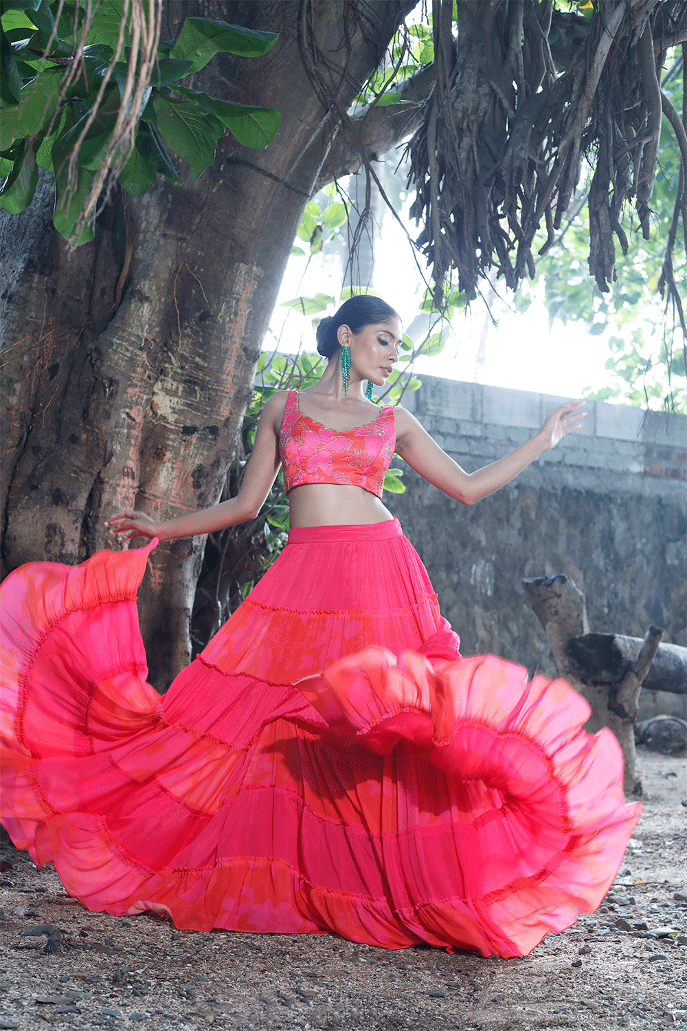 Pink/Red Printed Tiered Lehenga Set