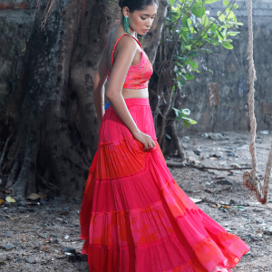 Pink/Red Printed Tiered Lehenga Set