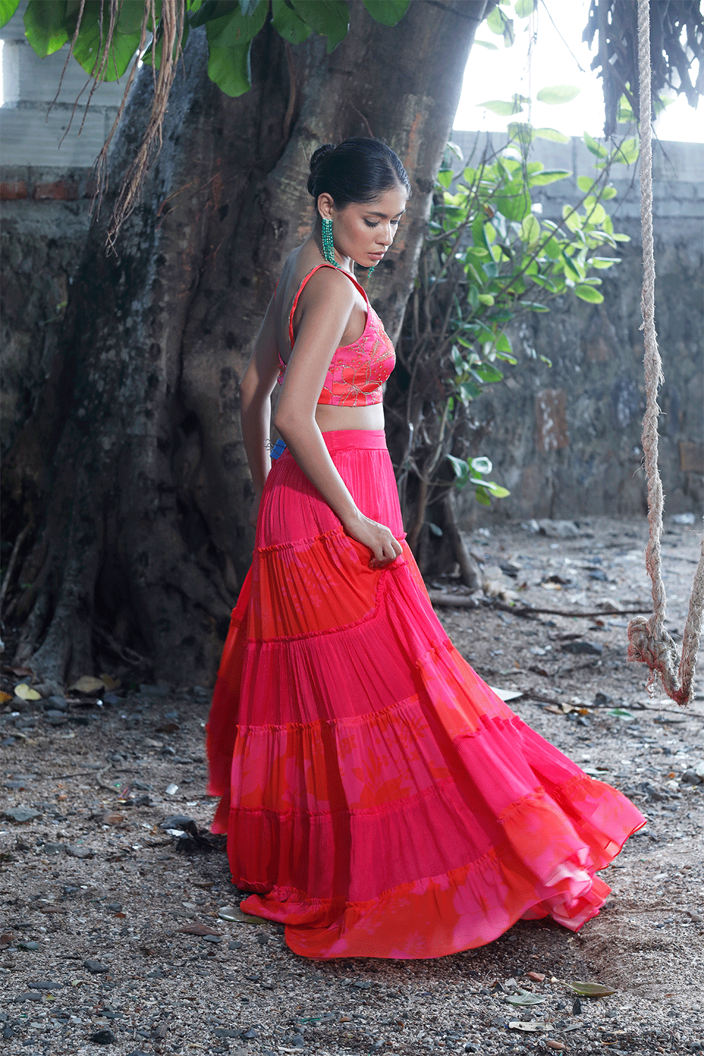 Pink/Red Printed Tiered Lehenga Set