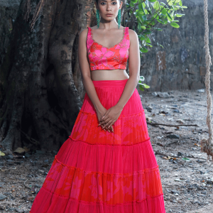 Pink/Red Printed Tiered Lehenga Set