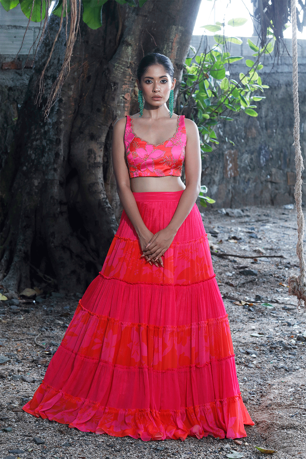 Pink/Red Printed Tiered Lehenga Set