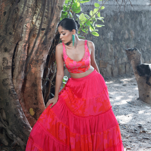 Pink/Red Printed Tiered Lehenga Set