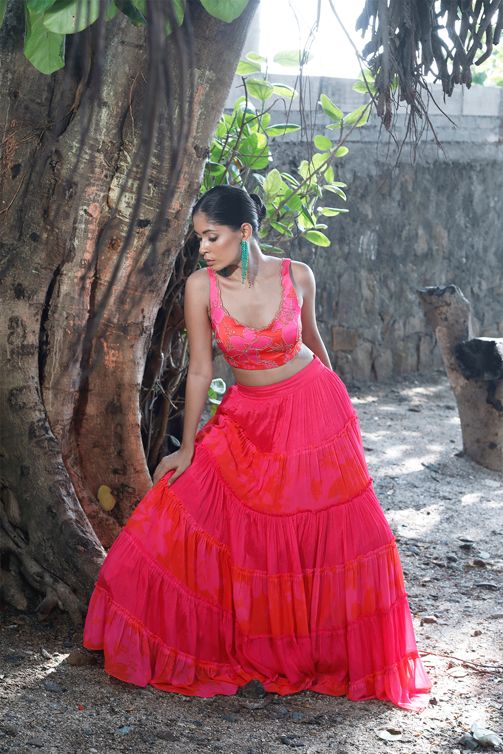 Pink/Red Printed Tiered Lehenga Set