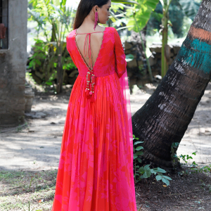 Pink/Red Printed Scallop Anarkali Set
