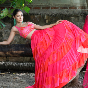 Pink/Red Printed Tiered Lehenga Set