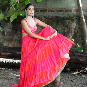 Pink/Red Printed Tiered Lehenga Set