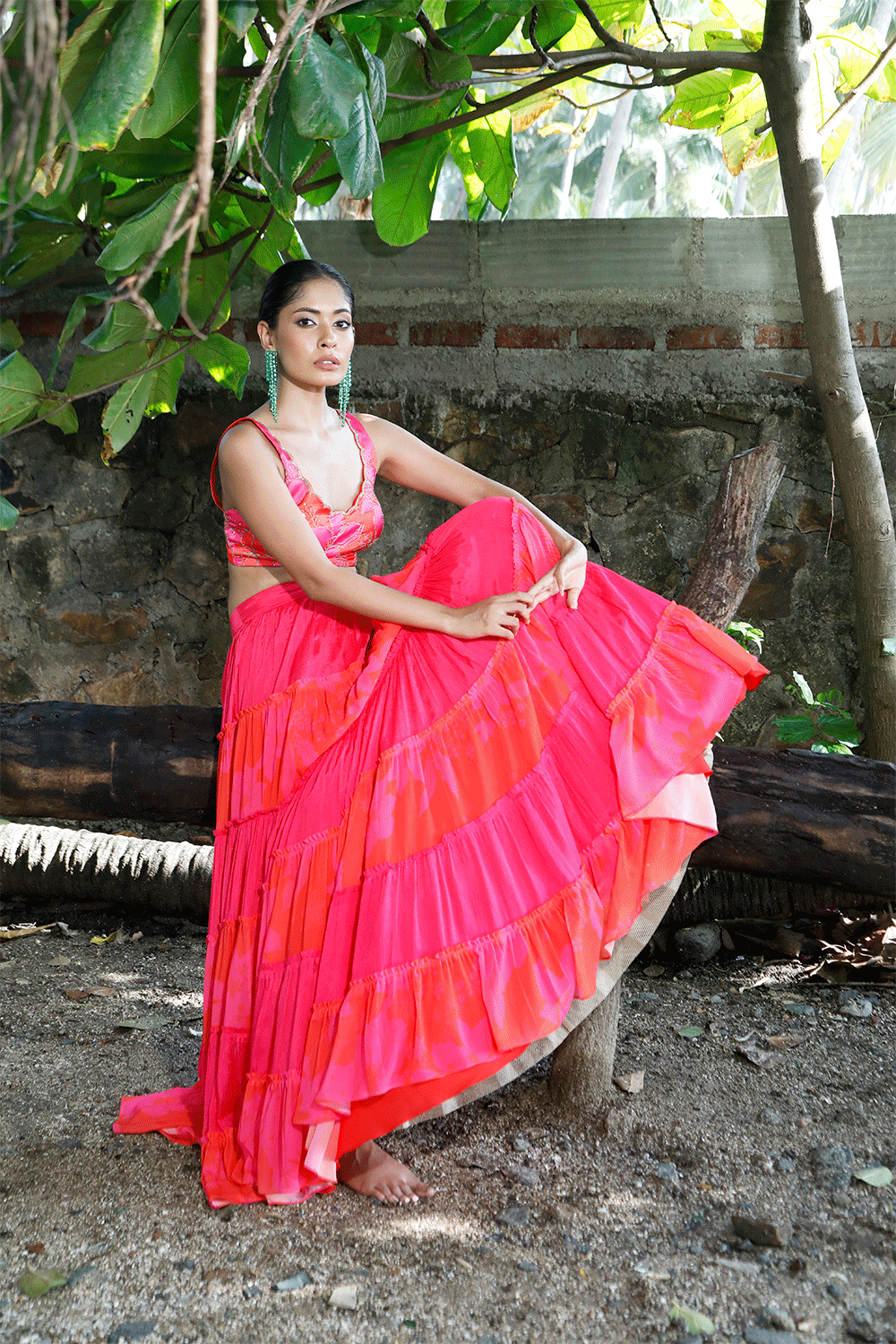 Pink/Red Printed Tiered Lehenga Set