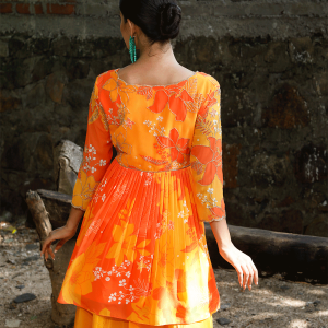 Yellow/Orange Printed Peplum Kurti Set