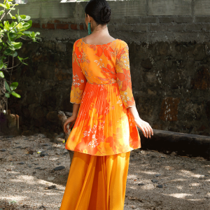 Yellow/Orange Printed Peplum Kurti Set