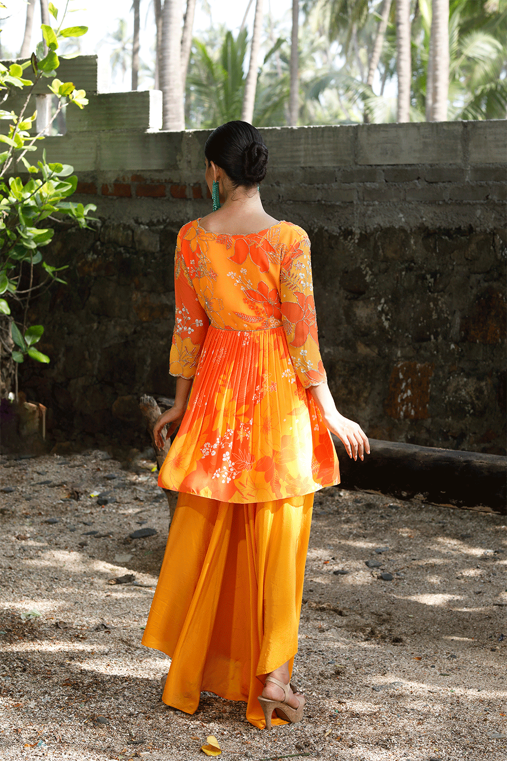 Yellow/Orange Printed Peplum Kurti Set