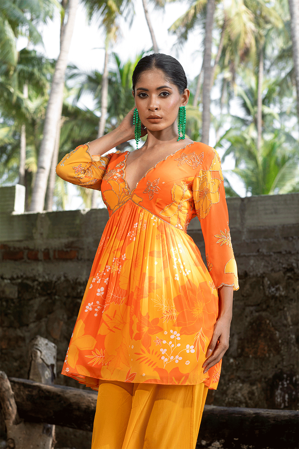 Yellow/Orange Printed Peplum Kurti Set