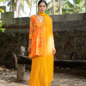 Yellow/Orange Printed Peplum Kurti Set