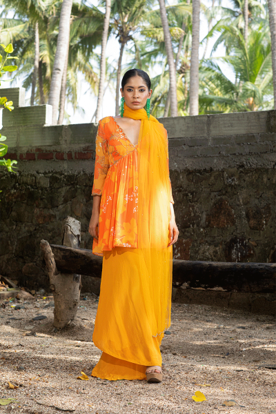 Yellow/Orange Printed Peplum Kurti Set