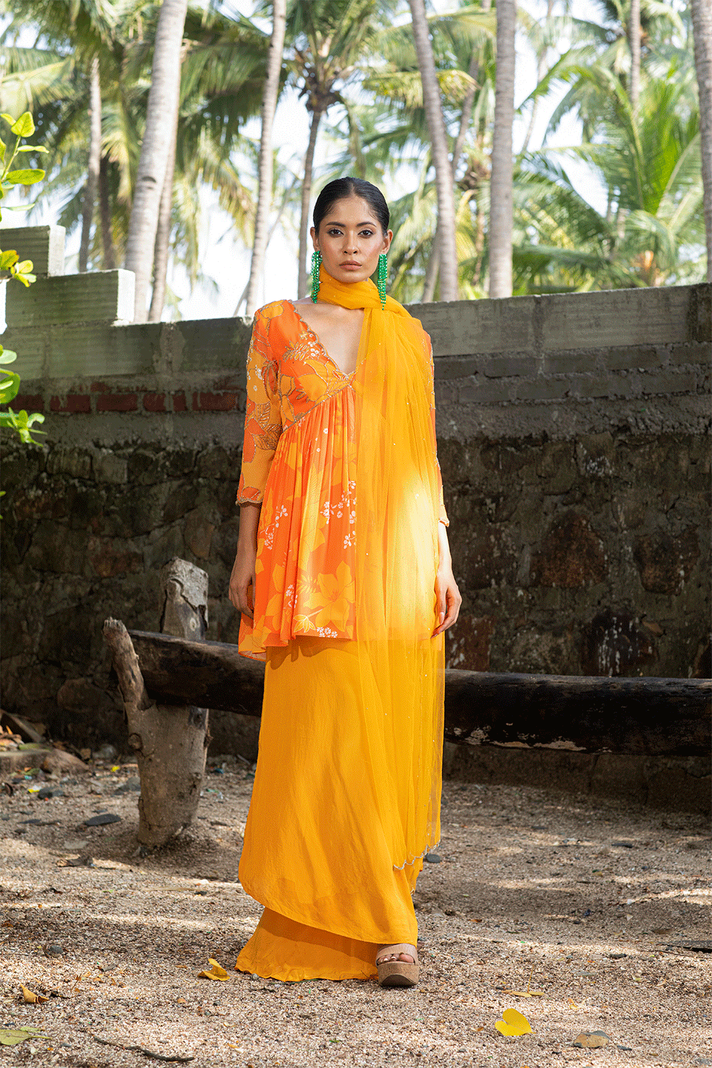 Yellow/Orange Printed Peplum Kurti Set