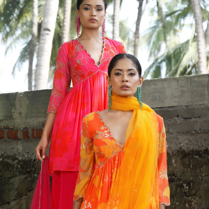 Yellow/Orange Printed Peplum Kurti Set