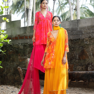 Yellow/Orange Printed Peplum Kurti Set