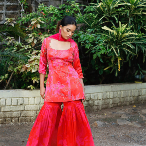 Pink/Red Printed Scoop Scallop Sharara Set