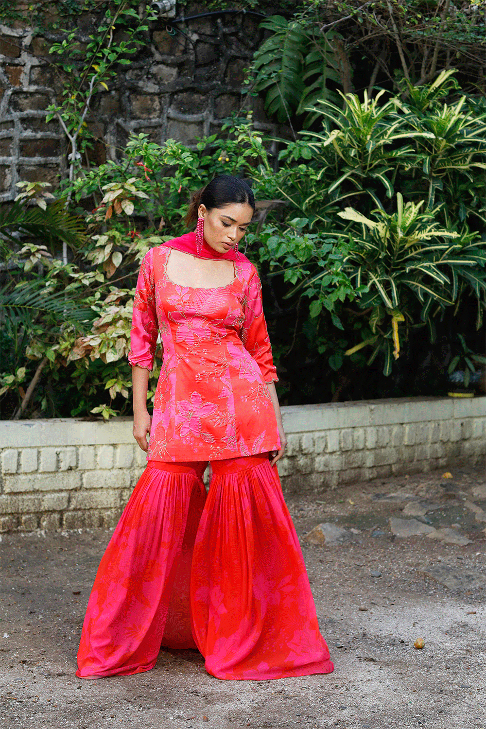 Pink/Red Printed Scoop Scallop Sharara Set
