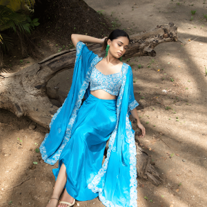 Teal Blue Tulip Skirt With Cape Set