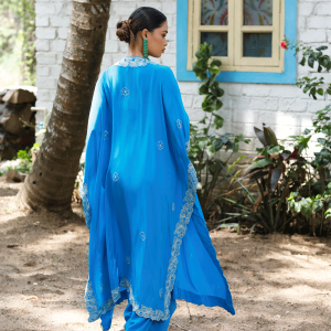 Teal Blue Tulip Skirt With Cape Set