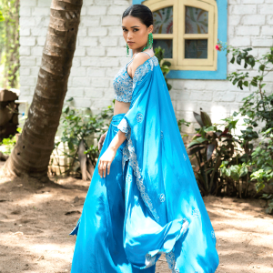Teal Blue Tulip Skirt With Cape Set