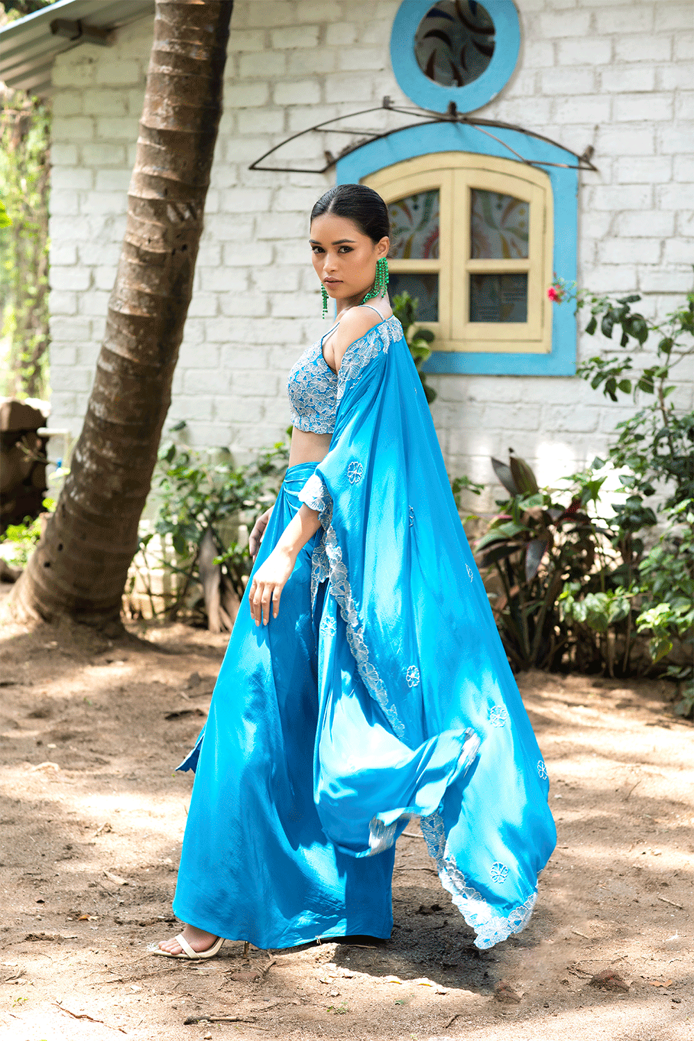 Teal Blue Tulip Skirt With Cape Set