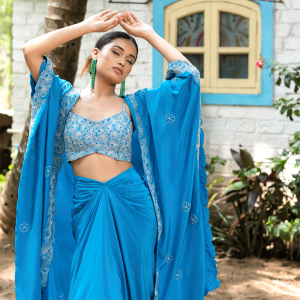 Teal Blue Tulip Skirt With Cape Set