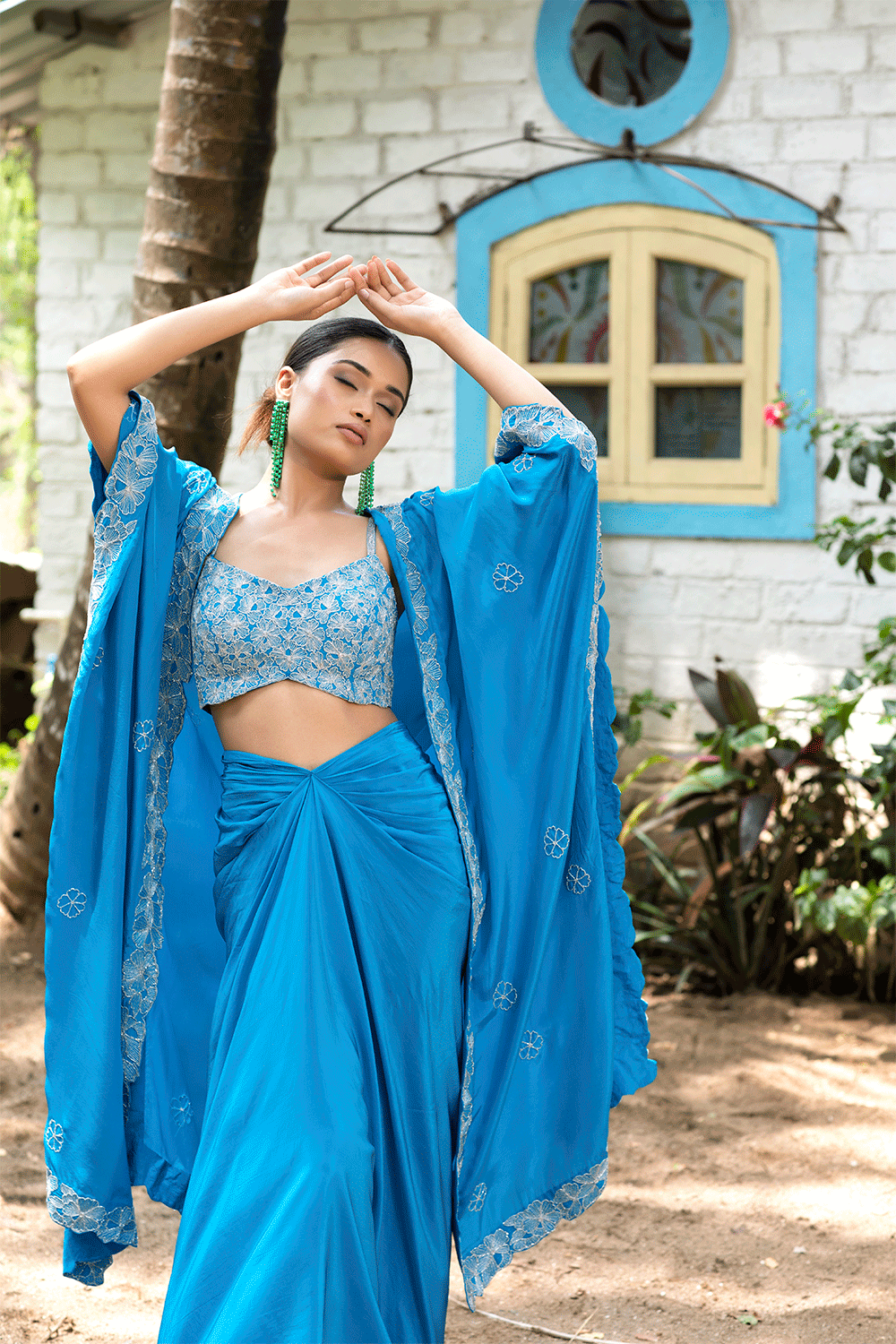 Teal Blue Tulip Skirt With Cape Set